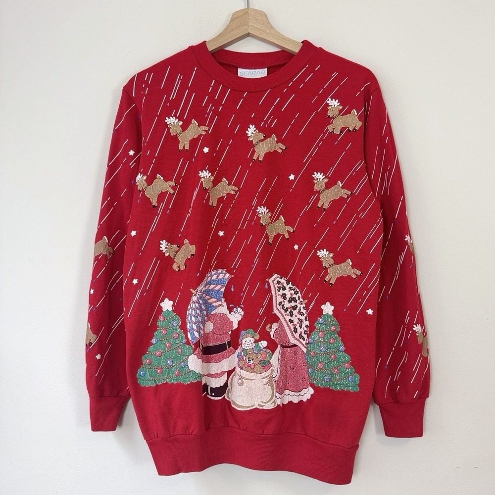 Vintage 90s Christmas Santa Mrs Claus Reindeer Art Funny AOP Red Sweatshirt S/M
